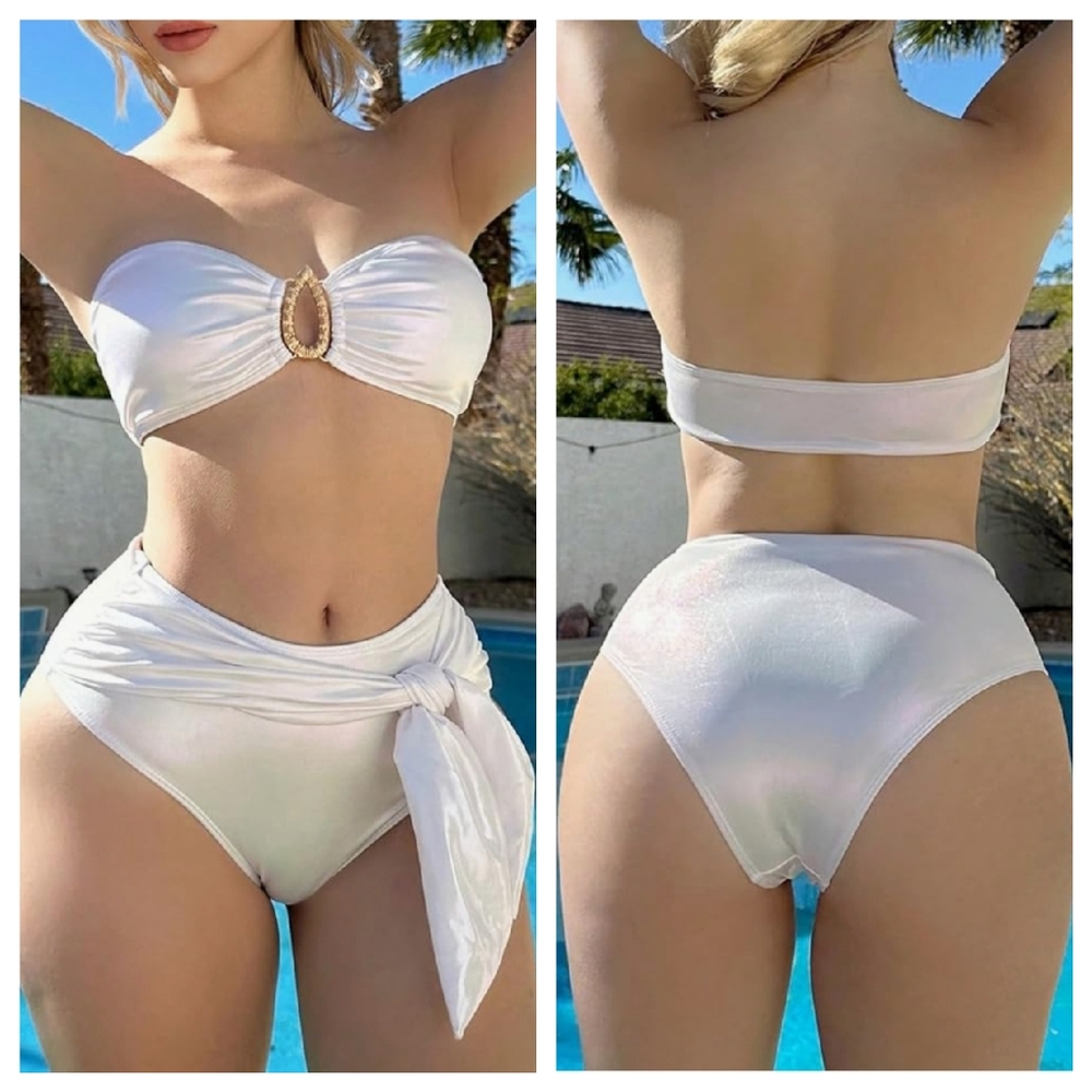 Bandeau Bikini Iradescent White with Gold Embellishment